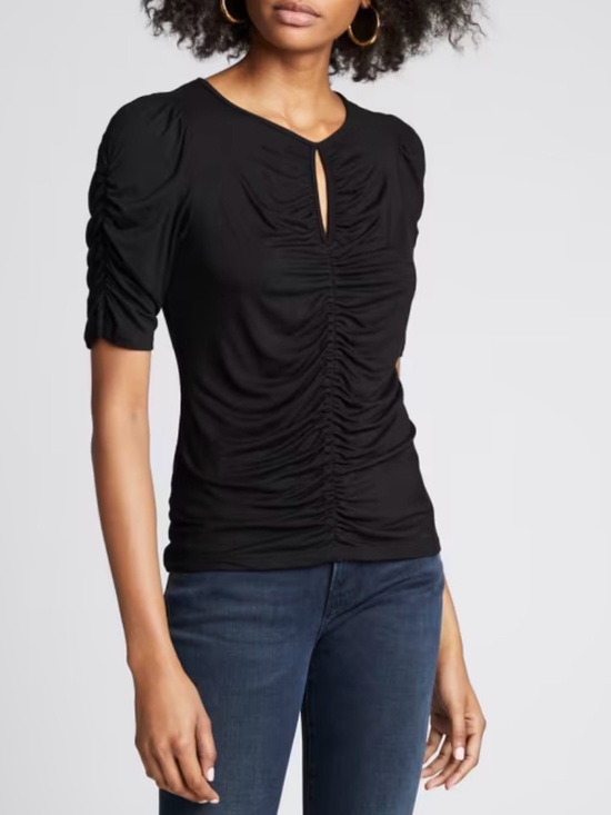 Frame Denim Tops - FRAME Shirred Keyhole Knit Top Black Blouson Sleeve Stretch